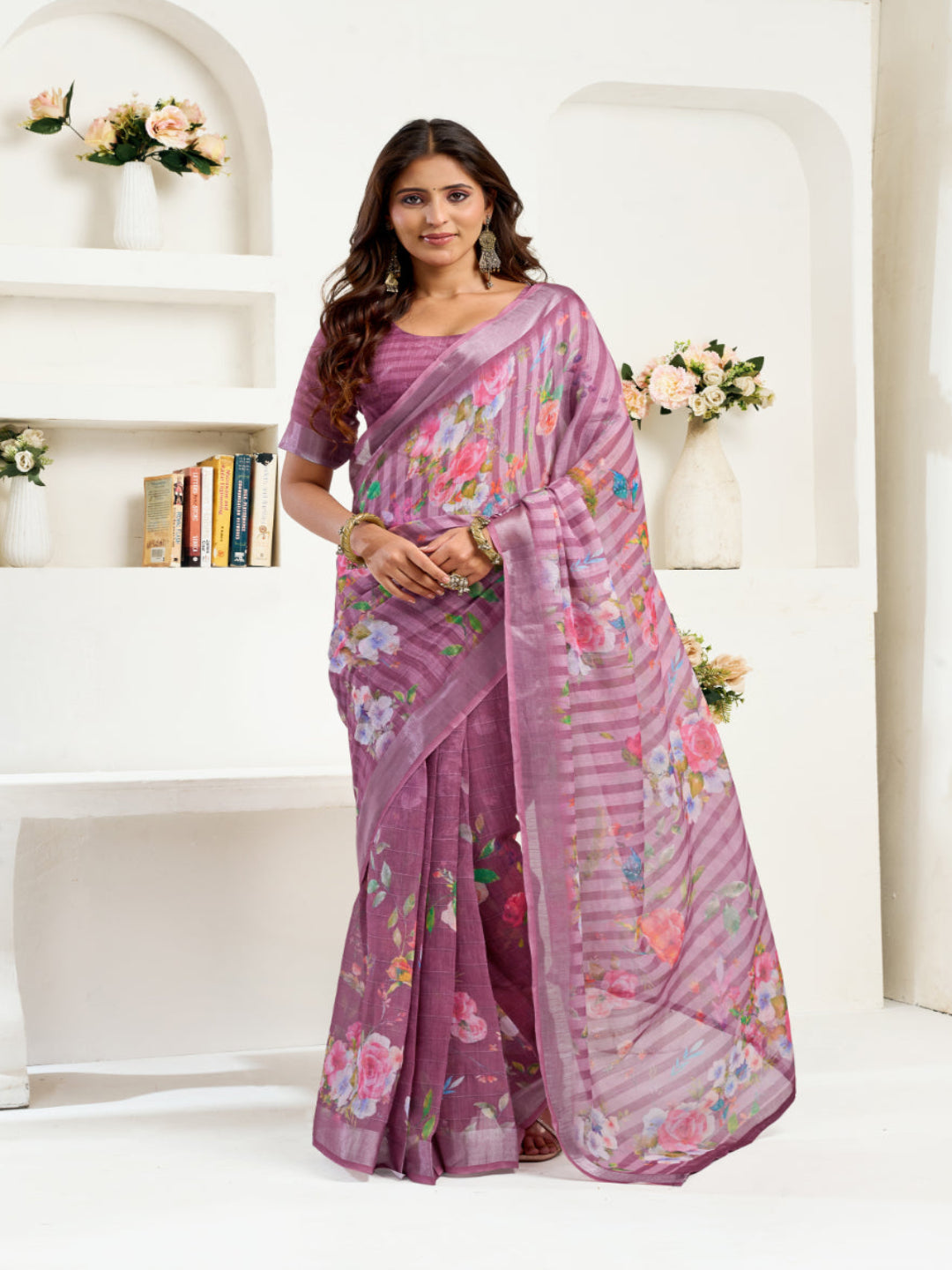 Women's Ready-to-Wear Linen Floral Printed Saree with Unstitched Blouse