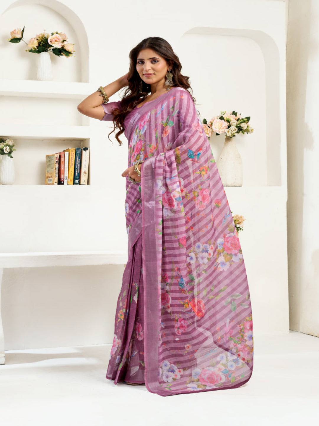 Women's Ready-to-Wear Linen Floral Printed Saree with Unstitched Blouse