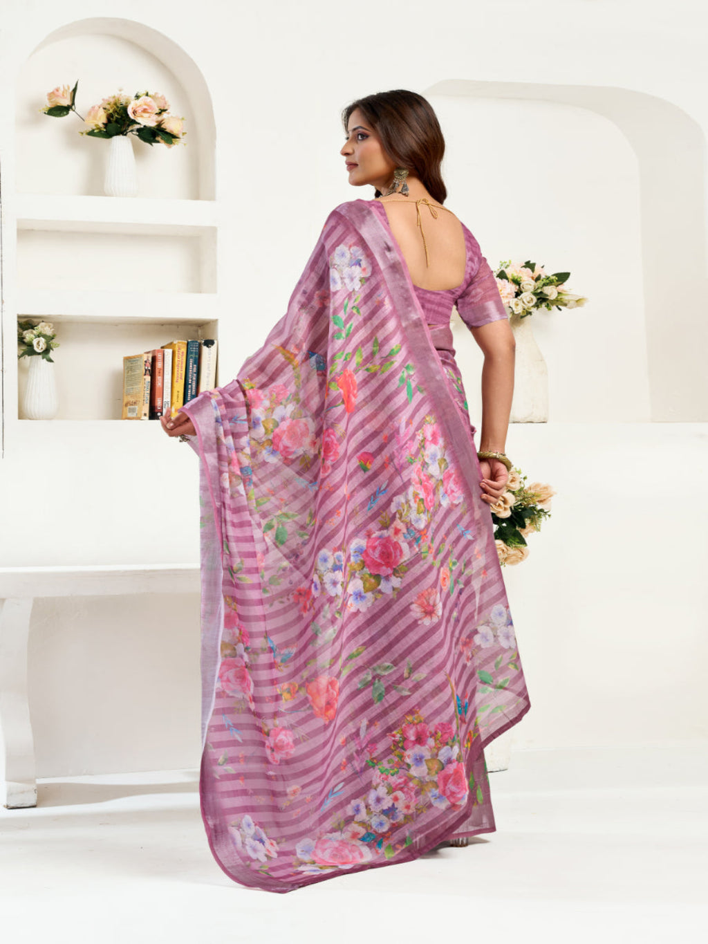 Women's Ready-to-Wear Linen Floral Printed Saree with Unstitched Blouse