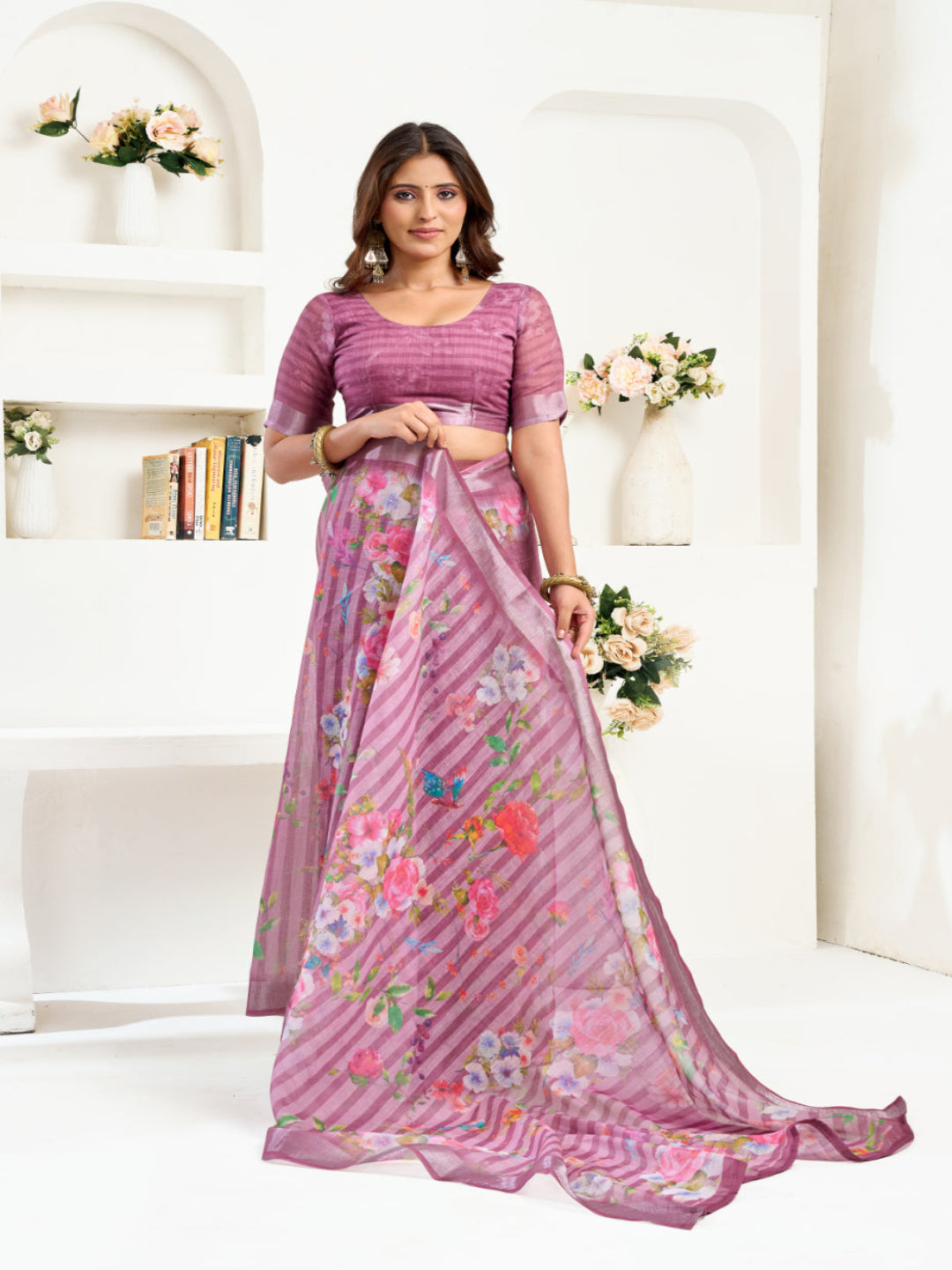Women's Ready-to-Wear Linen Floral Printed Saree with Unstitched Blouse
