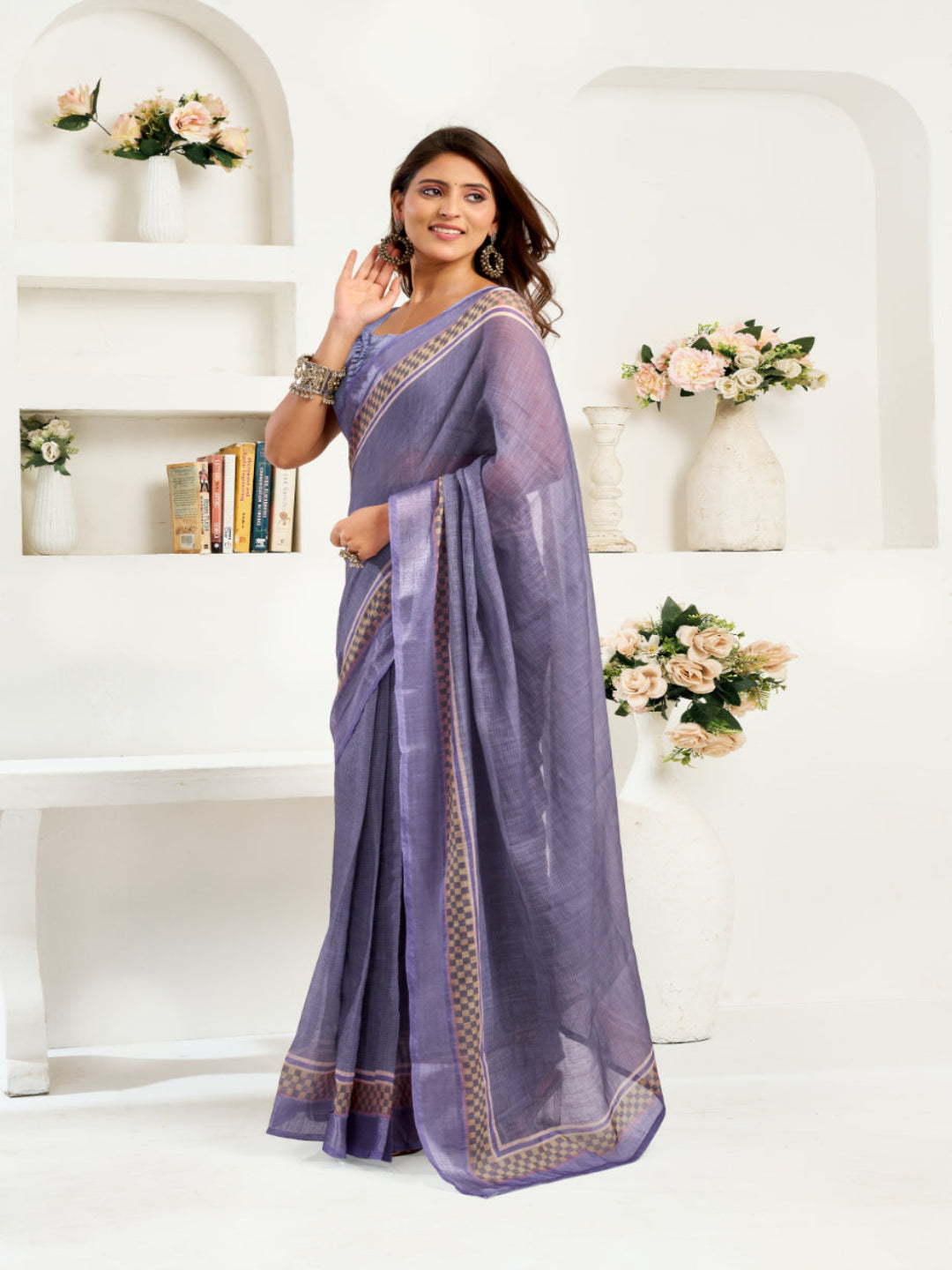 Women's Ready-to-Wear Linen Printed Saree with Unstitched Blouse