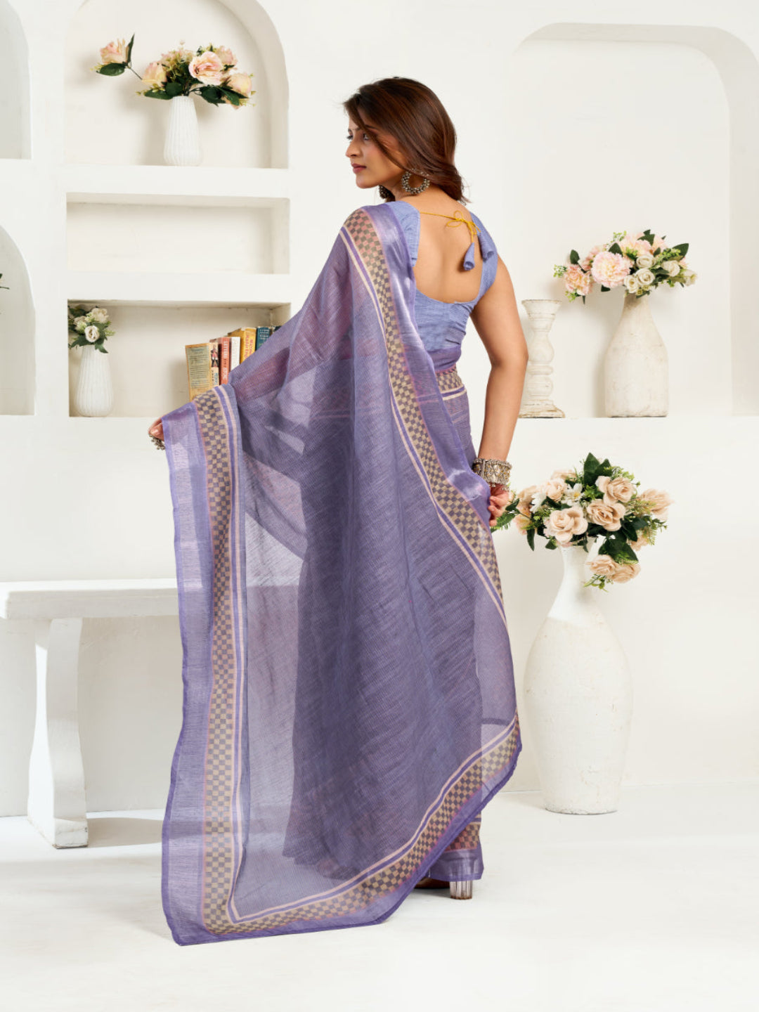 Women's Ready-to-Wear Linen Printed Saree with Unstitched Blouse