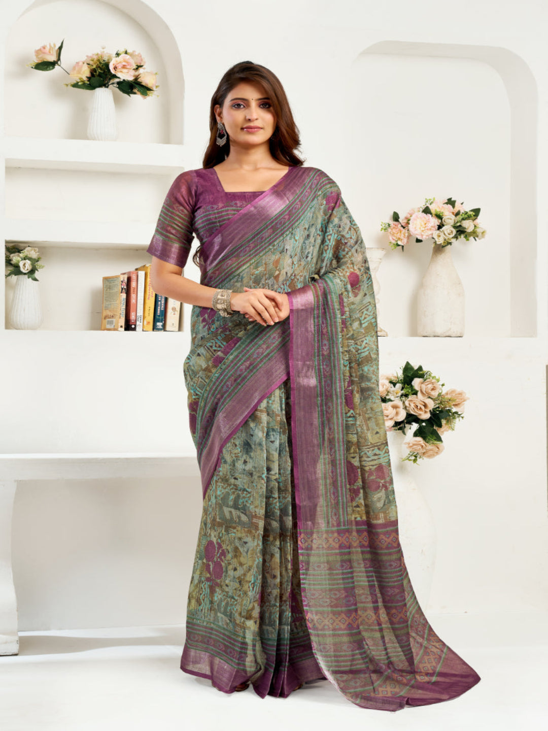 Women's Floral Printed Ready-to-Wear Linen Saree with Unstitched Blouse