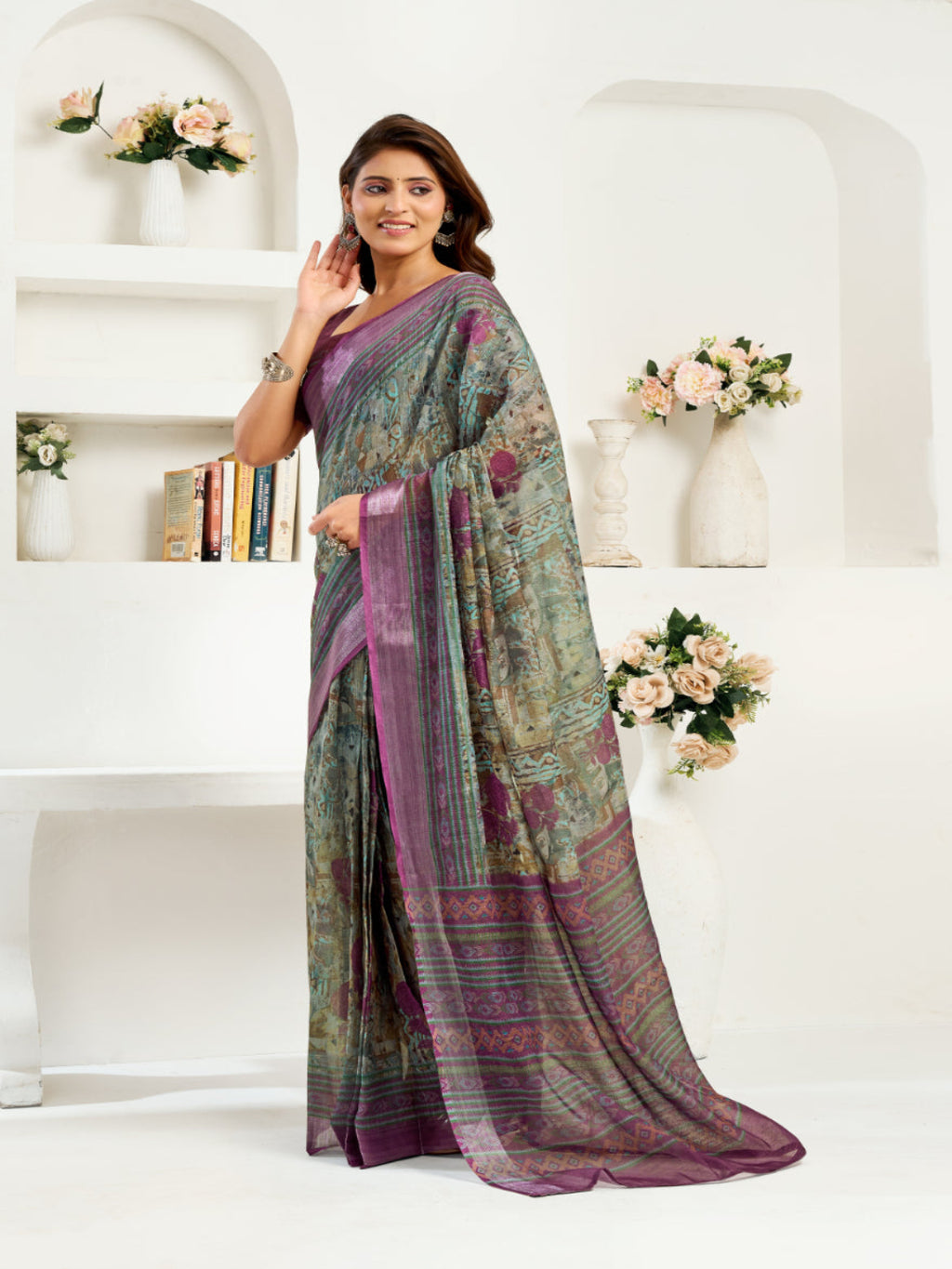 Women's Floral Printed Ready-to-Wear Linen Saree with Unstitched Blouse