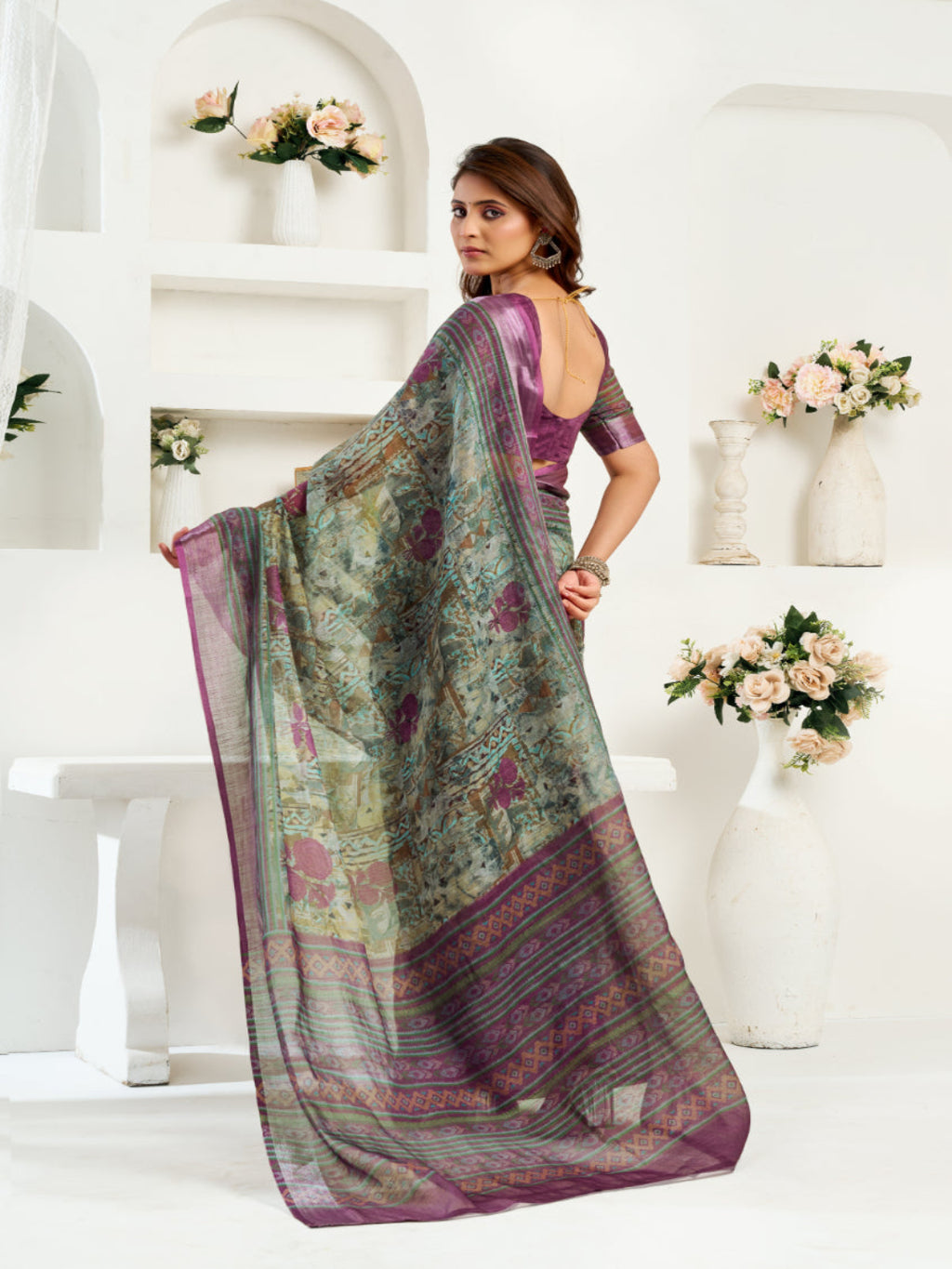 Women's Floral Printed Ready-to-Wear Linen Saree with Unstitched Blouse