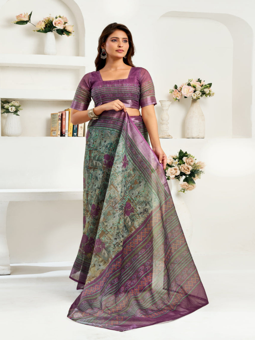 Women's Floral Printed Ready-to-Wear Linen Saree with Unstitched Blouse