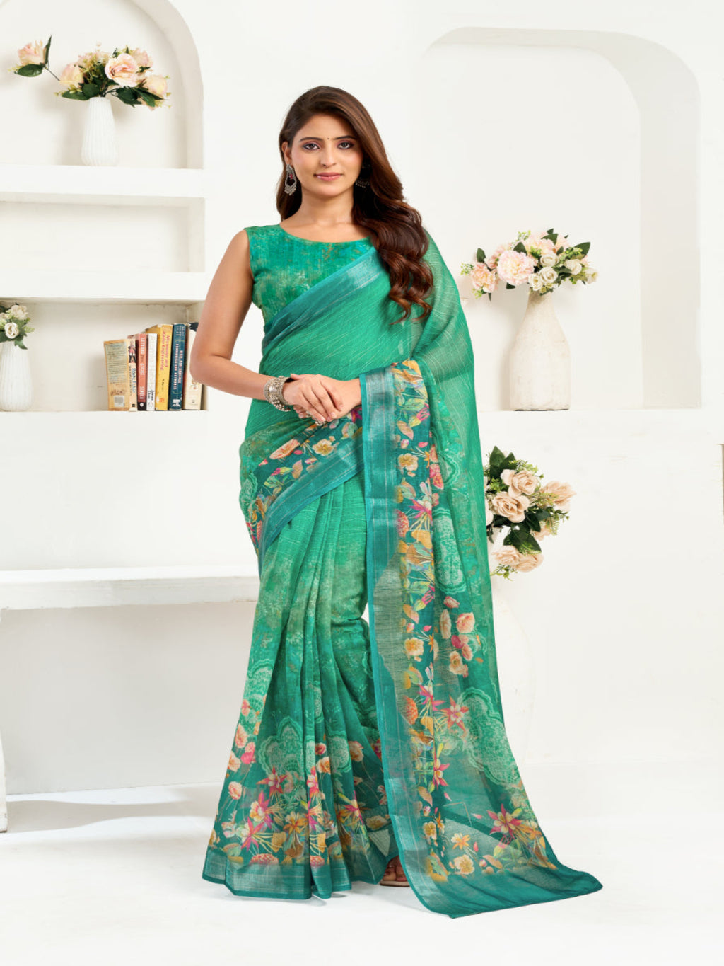 Ready-to-Wear Linen Floral Printed Saree with Unstitched Blouse