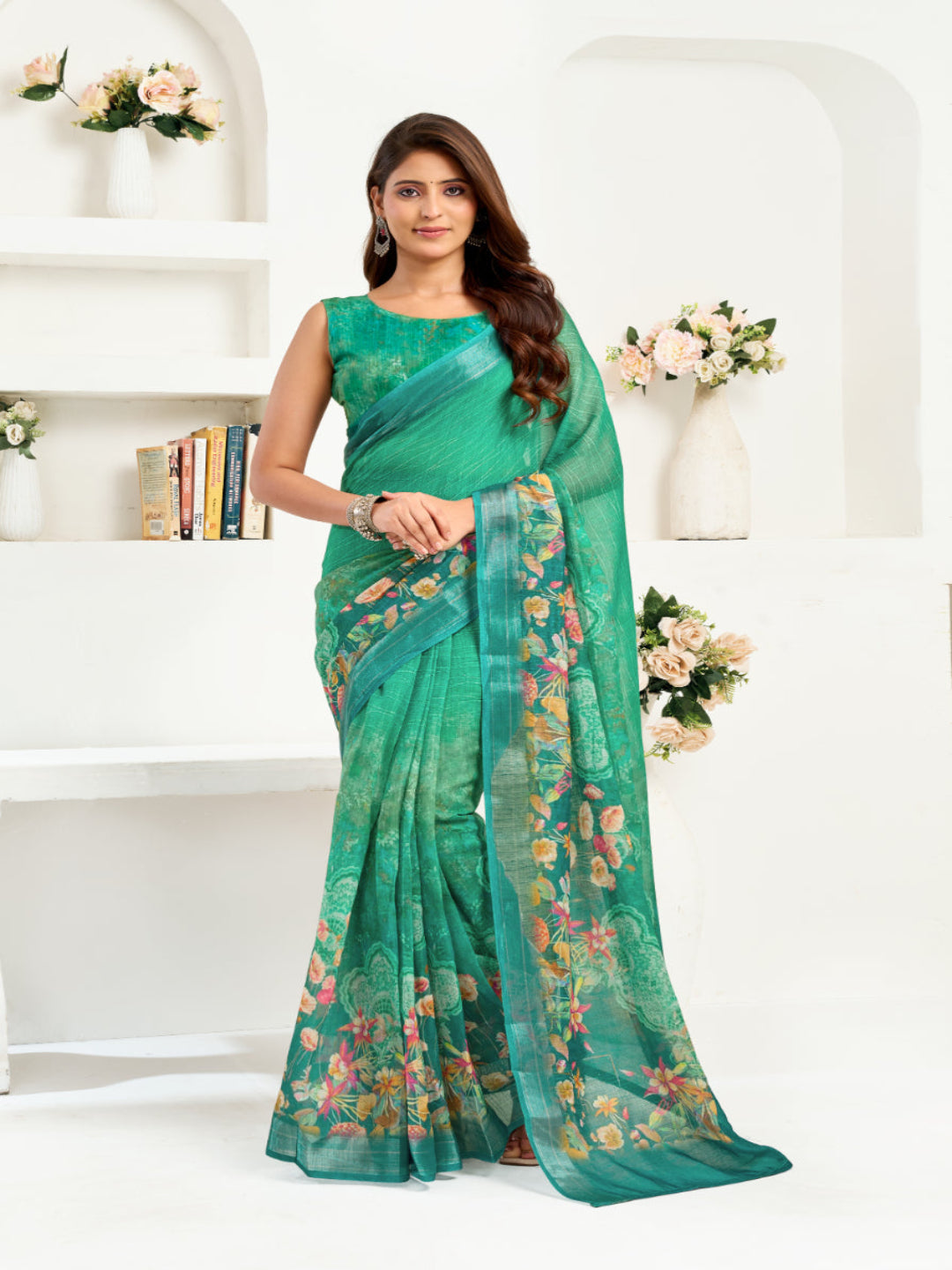 Ready-to-Wear Linen Floral Printed Saree with Unstitched Blouse