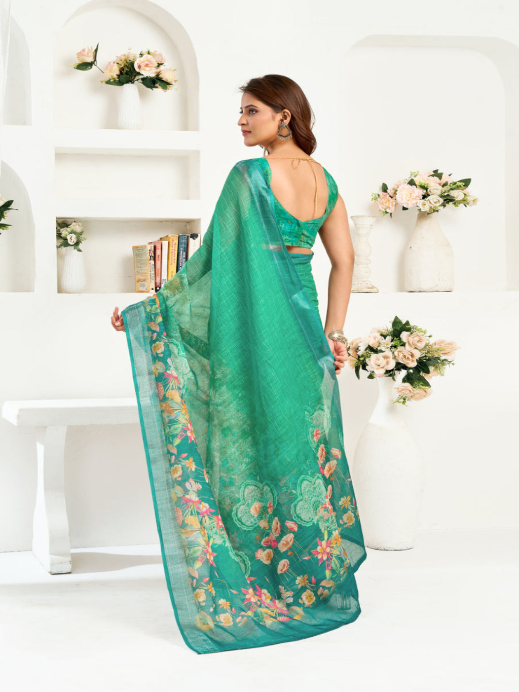 Ready-to-Wear Linen Floral Printed Saree with Unstitched Blouse
