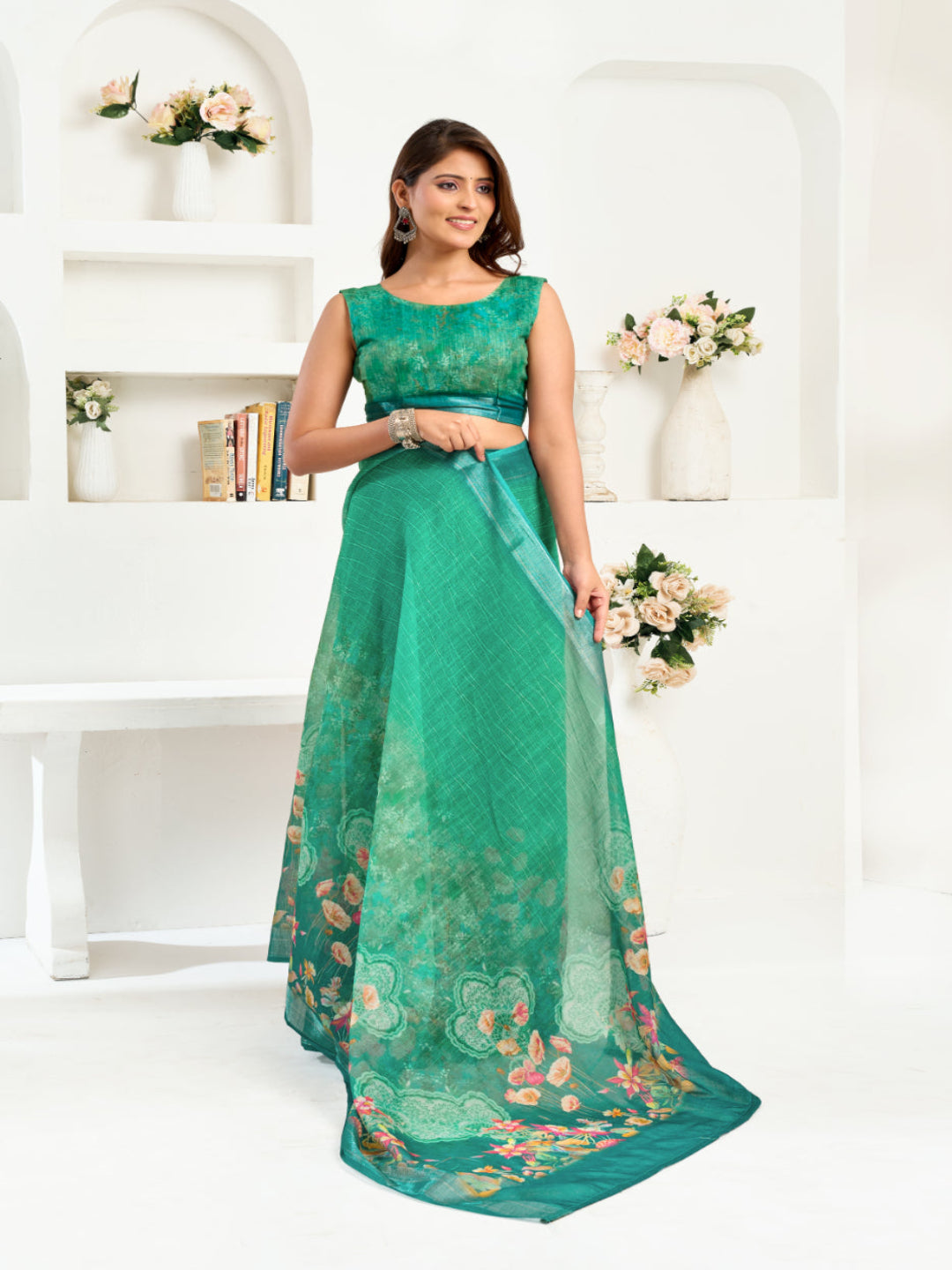 Ready-to-Wear Linen Floral Printed Saree with Unstitched Blouse