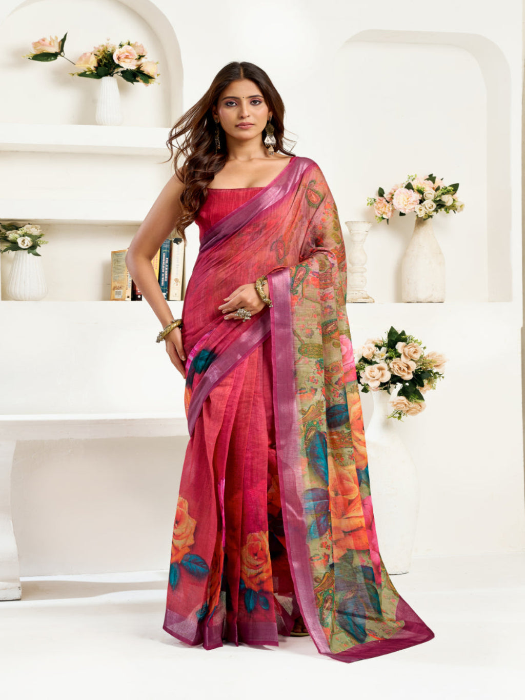 Floral Digital Print Linen Draped Elegance ready to wear saree