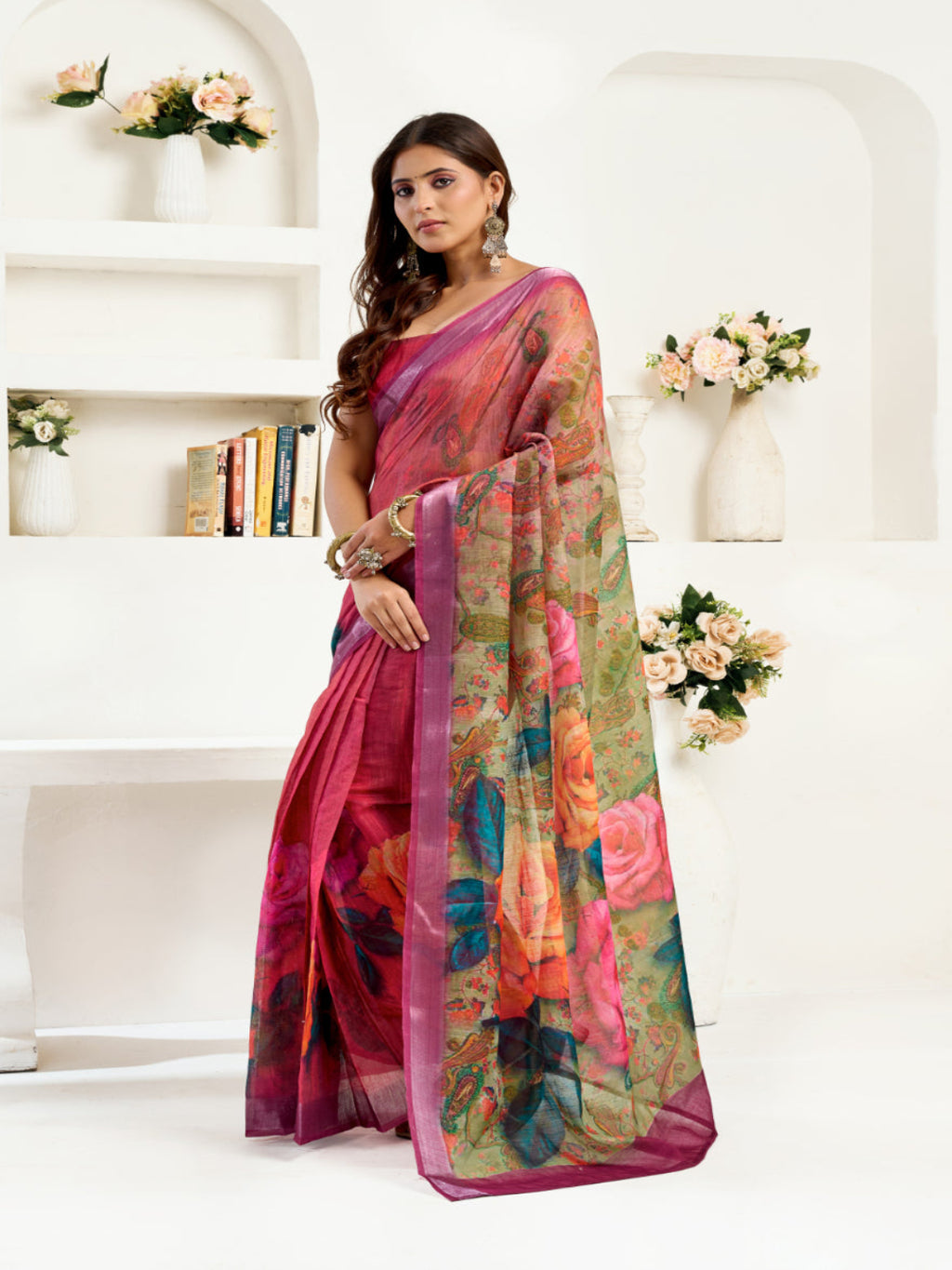 Floral Digital Print Linen Draped Elegance ready to wear saree