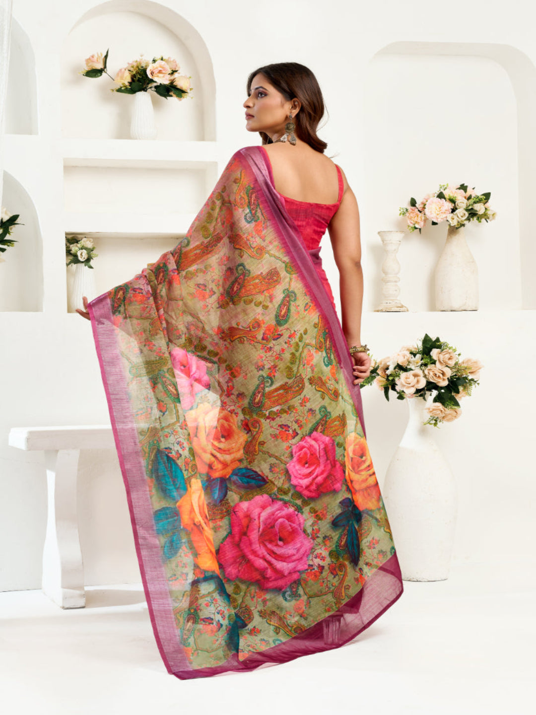 Floral Digital Print Linen Draped Elegance ready to wear saree