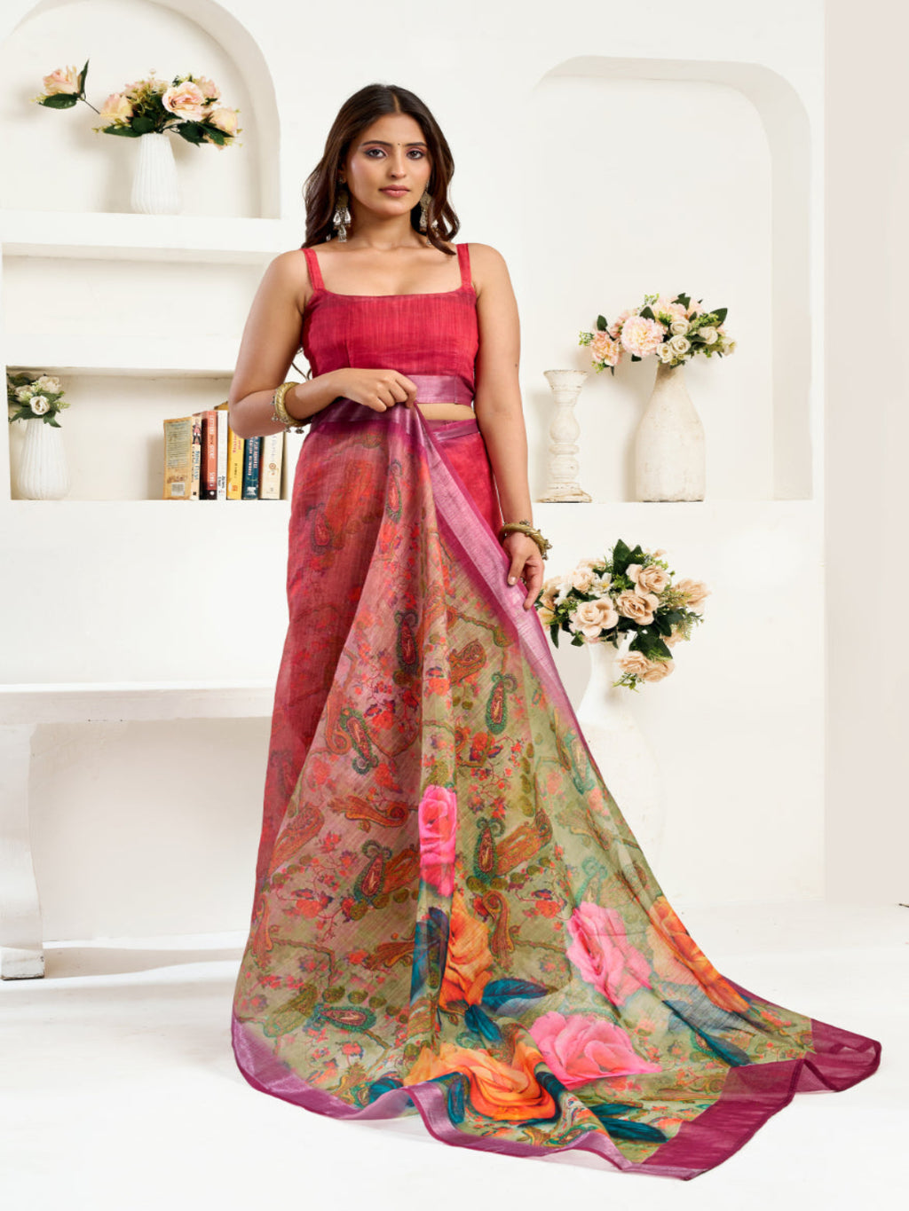 Floral Digital Print Linen Draped Elegance ready to wear saree