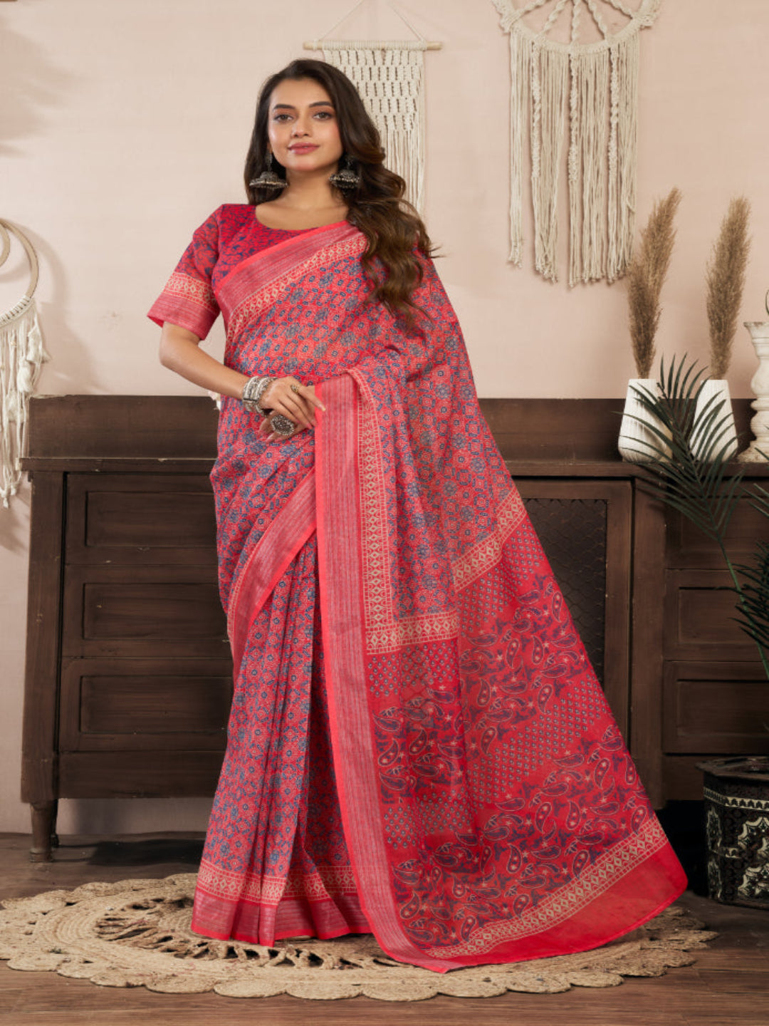 Floral Printed Linen Draped Elegance ready to wear saree