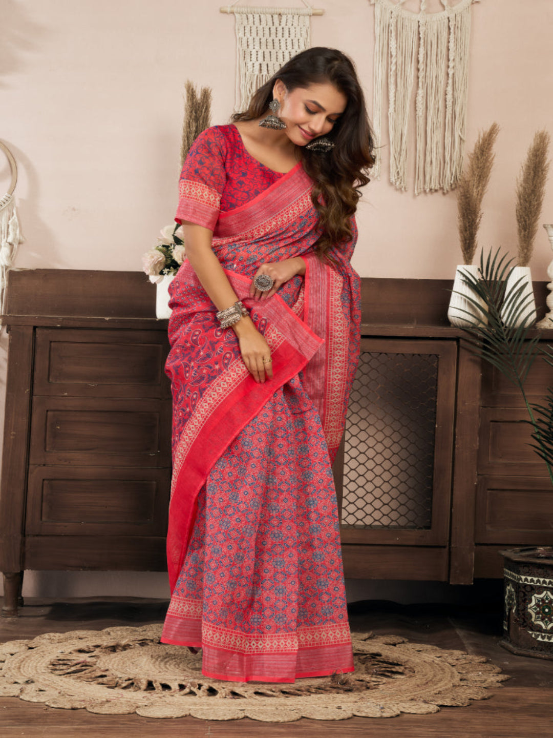 Floral Printed Linen Draped Elegance ready to wear saree