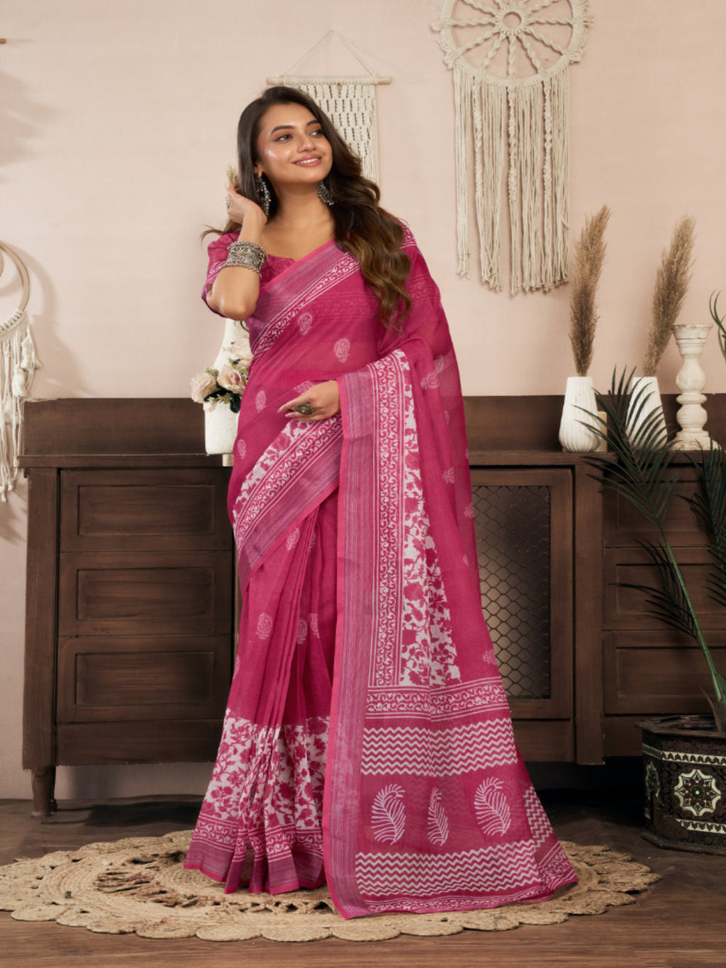 Floral Linen ready to wear with zari border saree