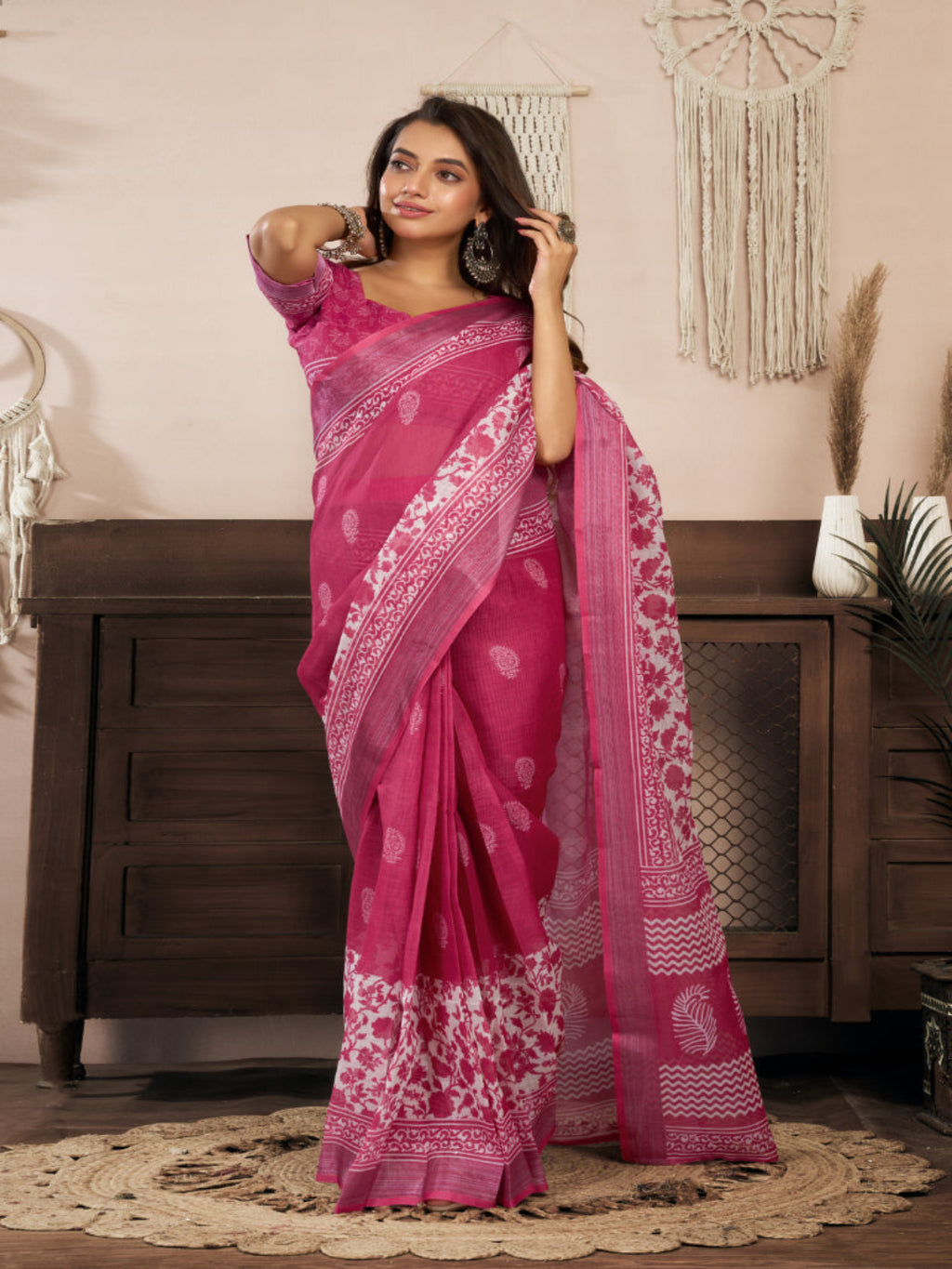 Floral Linen ready to wear with zari border saree
