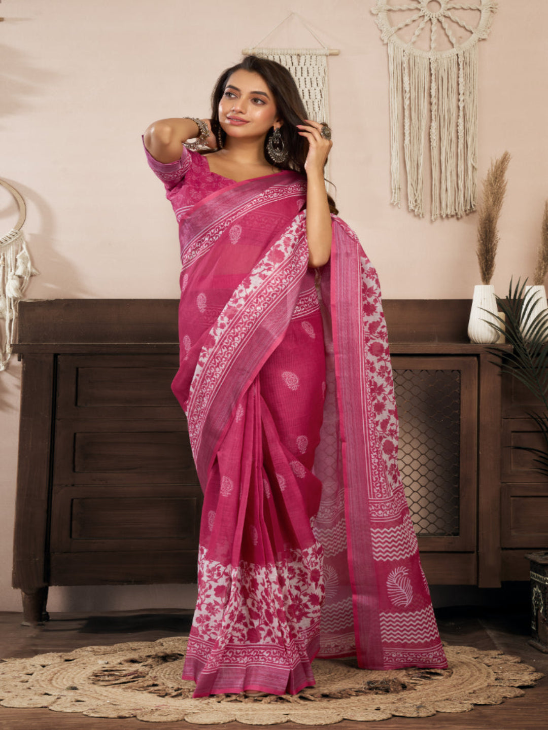 Floral Linen ready to wear with zari border saree