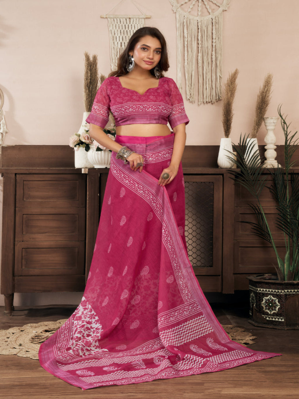 Floral Linen ready to wear with zari border saree