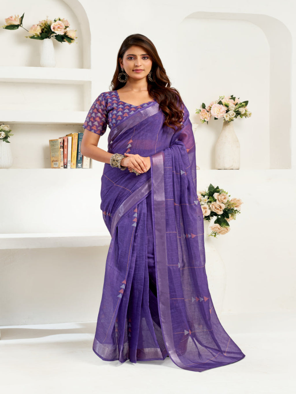 Voilet Linen ready to wear with zari border saree
