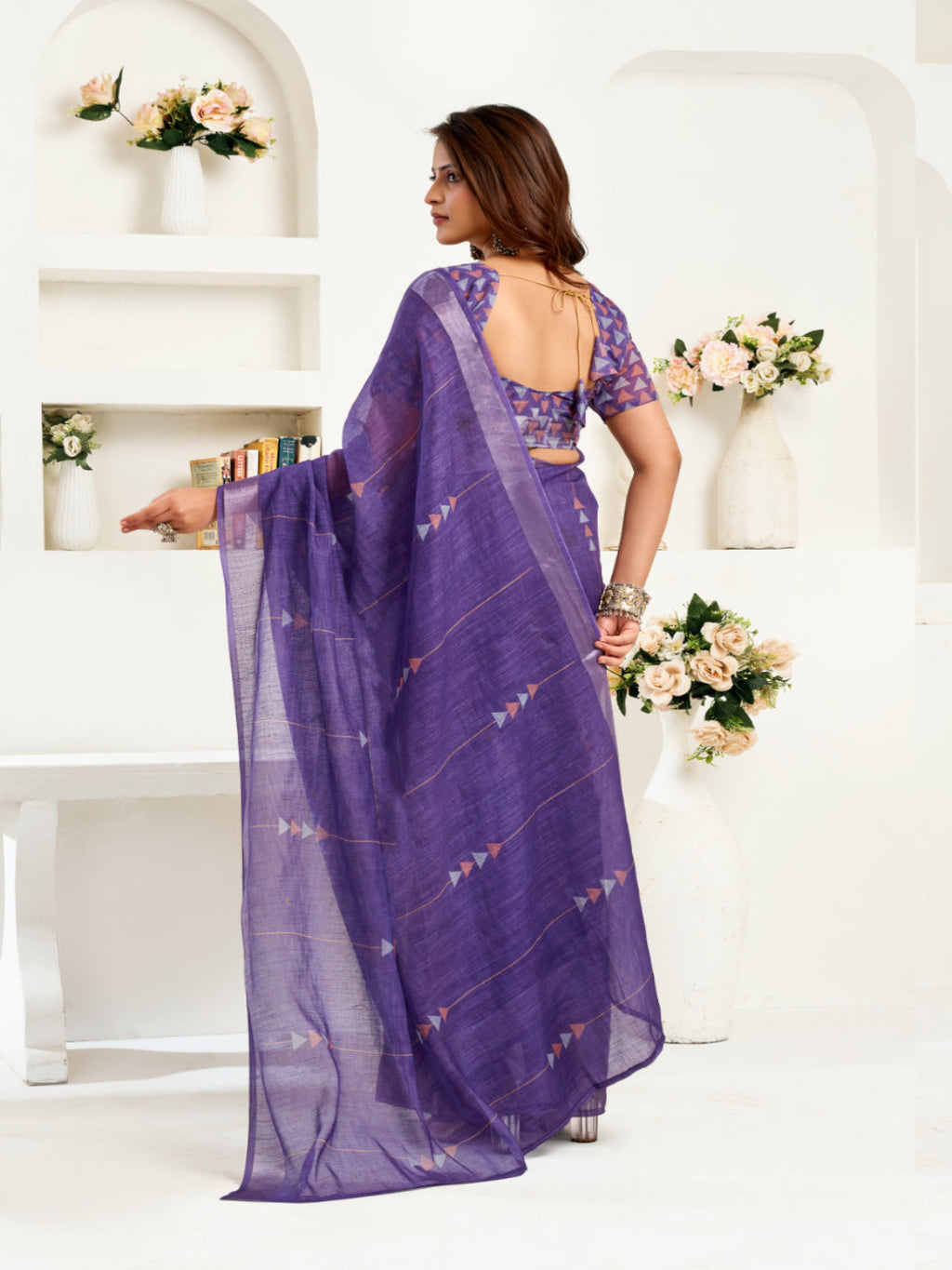 Voilet Linen ready to wear with zari border saree
