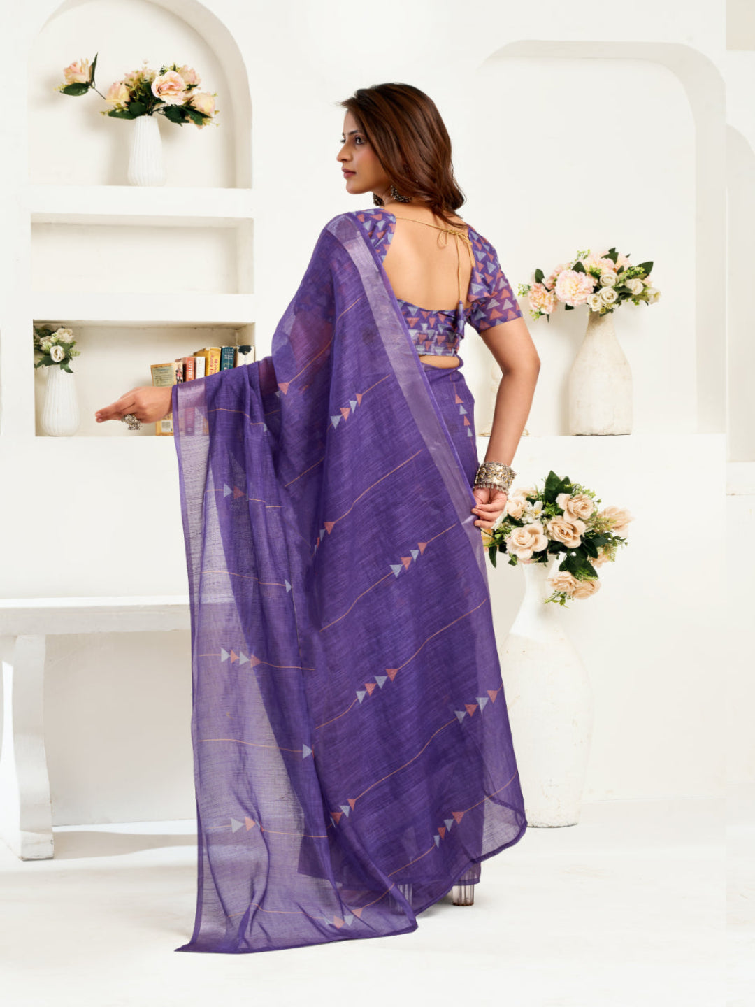 Voilet Linen ready to wear with zari border saree