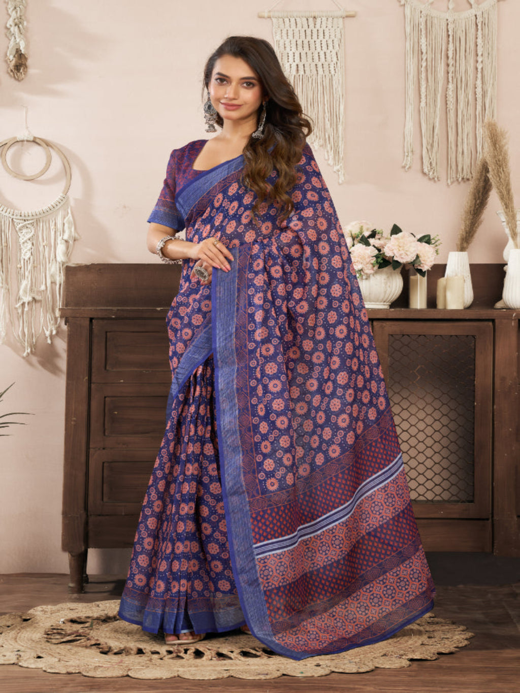 Dusty Pink Floral Linen ready to wear with zari border saree