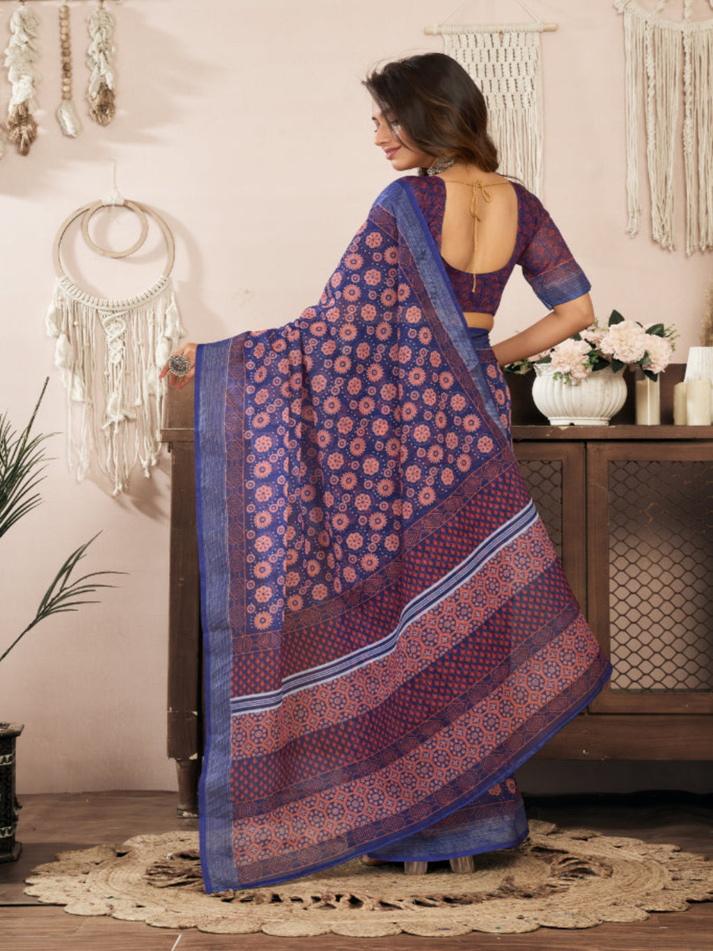 Dusty Pink Floral Linen ready to wear with zari border saree