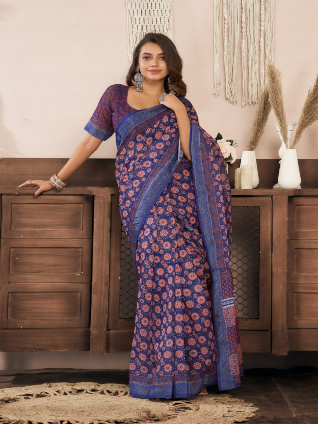 Dusty Pink Floral Linen ready to wear with zari border saree