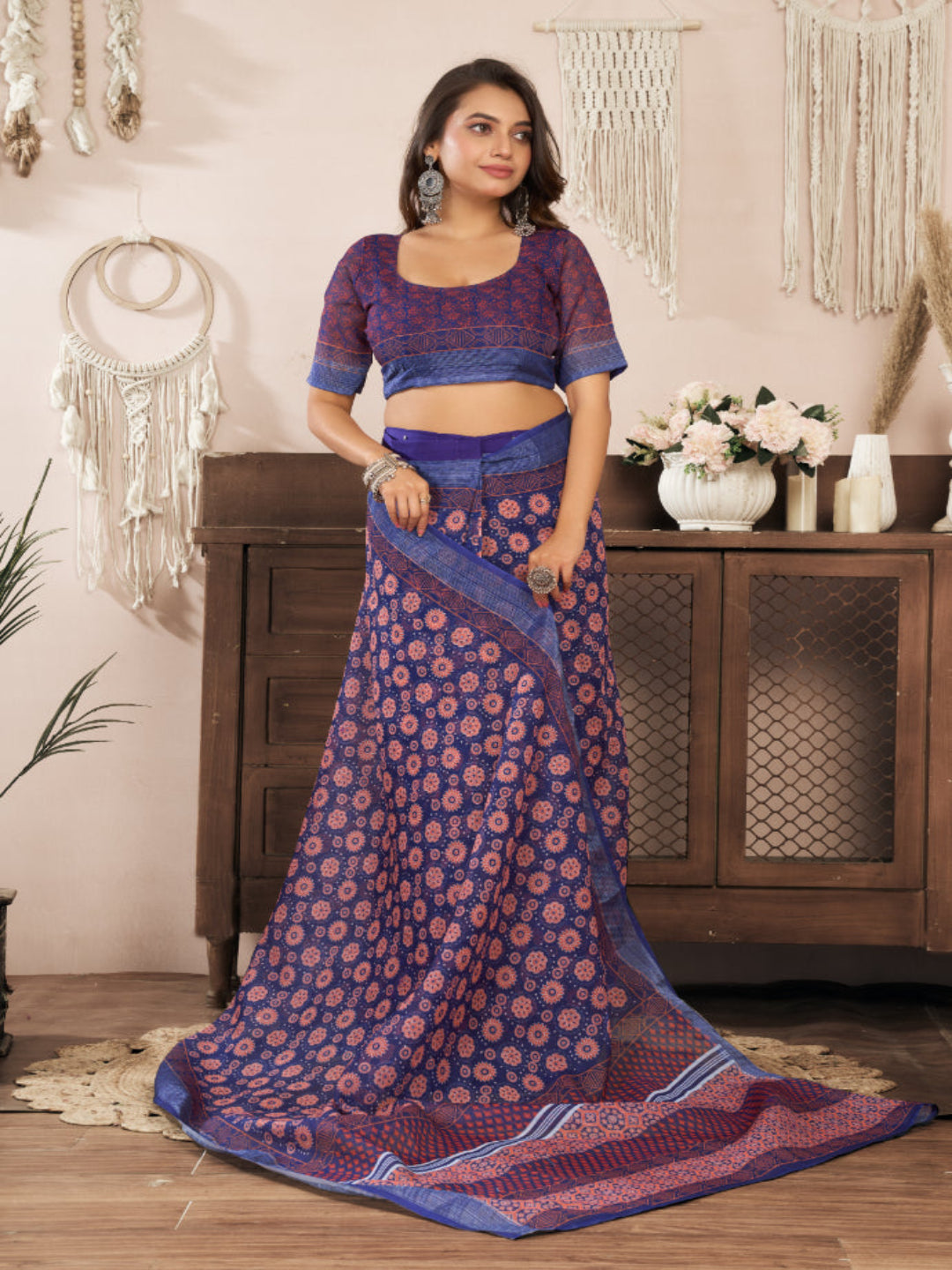 Dusty Pink Floral Linen ready to wear with zari border saree