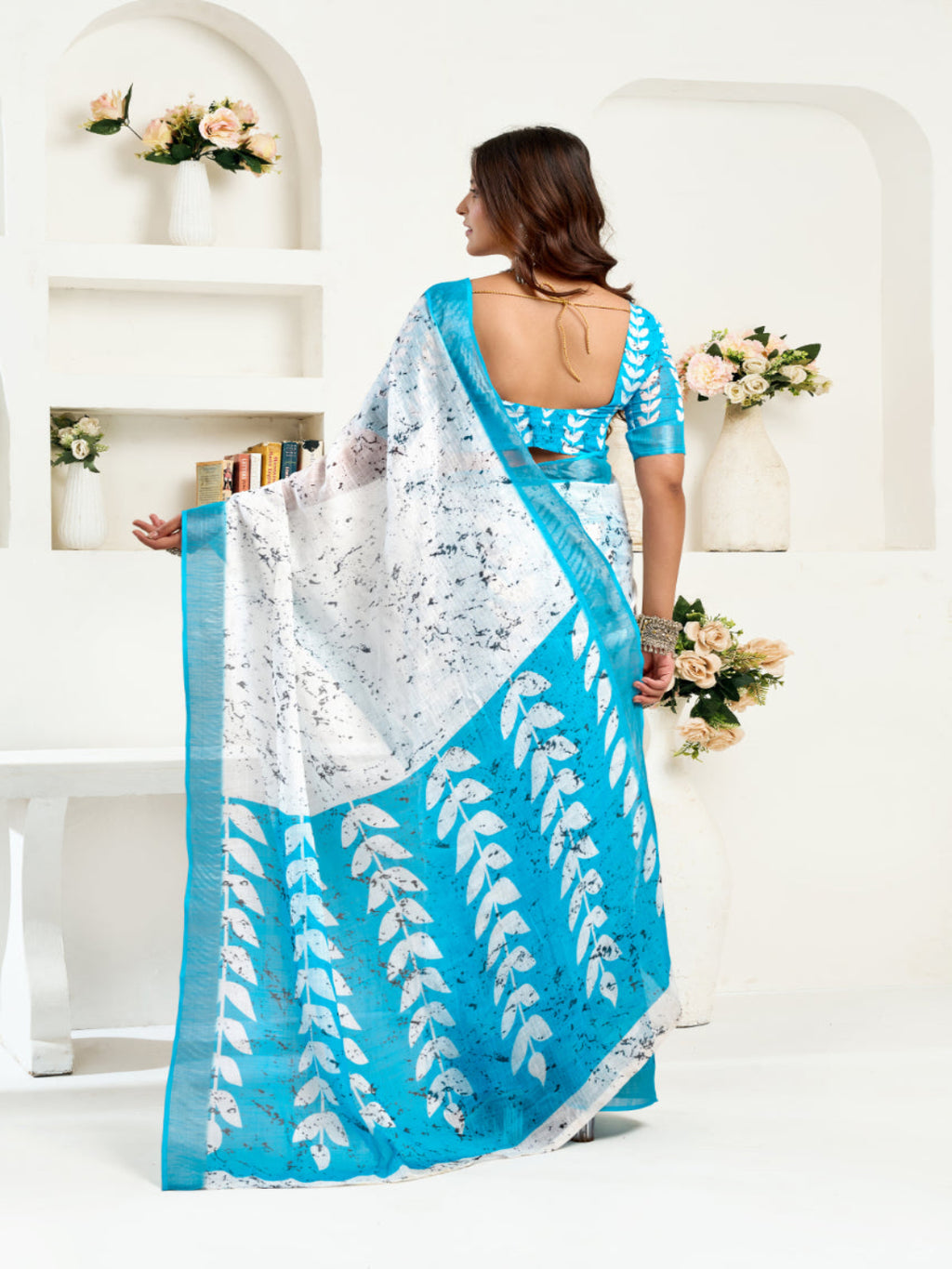 Blue & White Floral Linen ready to wear with zari border saree (Copy)