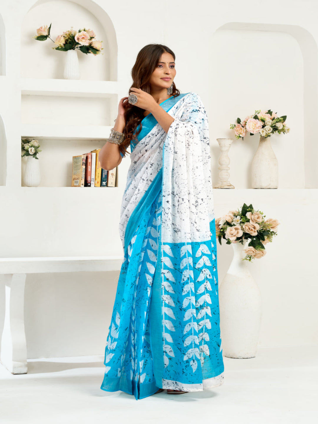 Blue & White Floral Linen ready to wear with zari border saree (Copy)