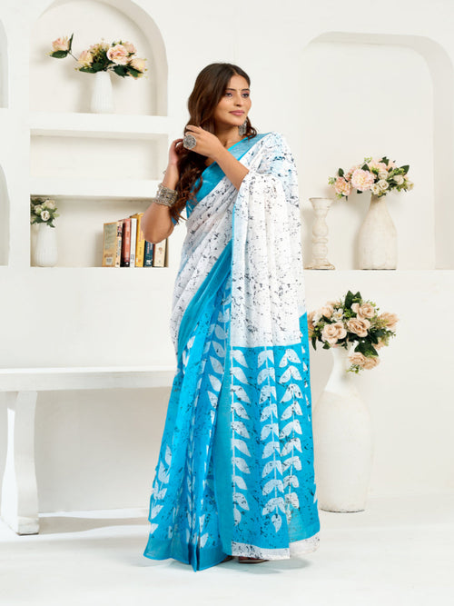Blue & White Floral Linen ready to wear with zari border saree (Copy)