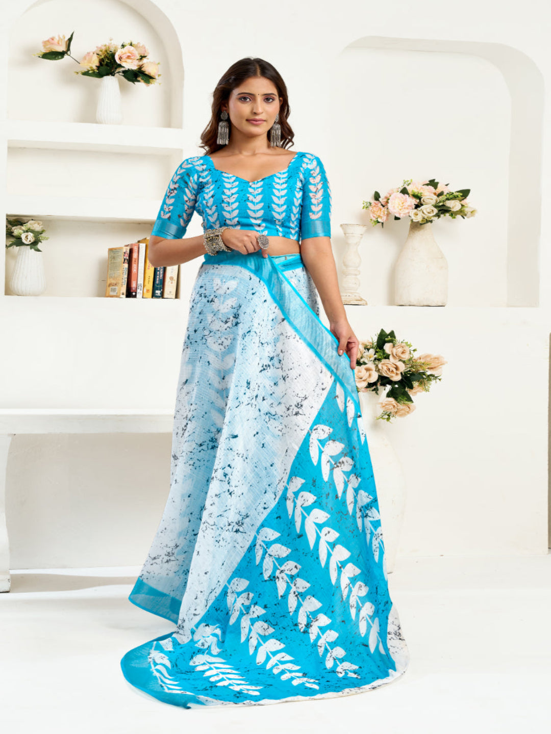 Blue & White Floral Linen ready to wear with zari border saree (Copy)