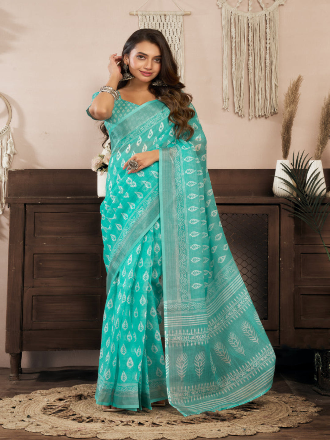 Sea Green Linen Printed ready to wear Saree