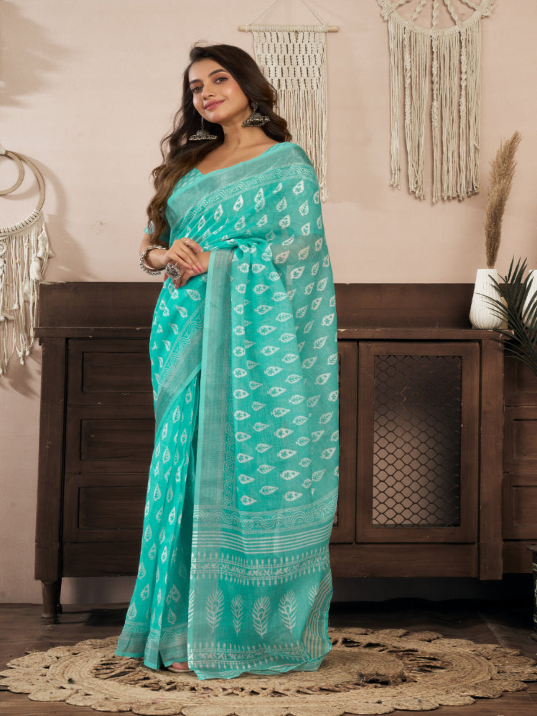 Sea Green Linen Printed ready to wear Saree