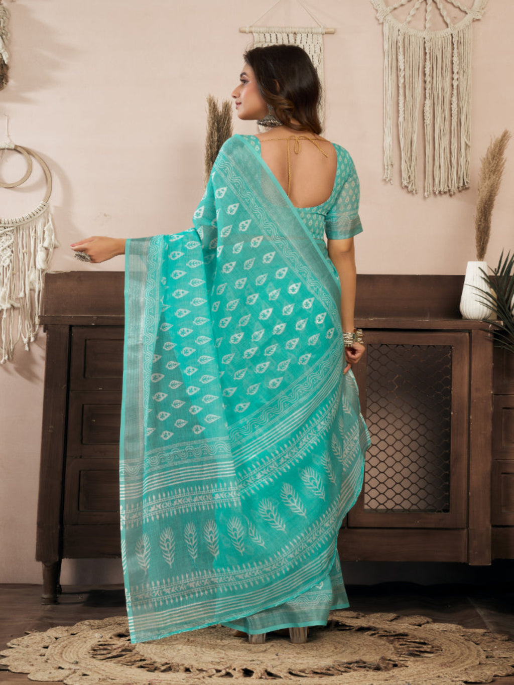 Sea Green Linen Printed ready to wear Saree