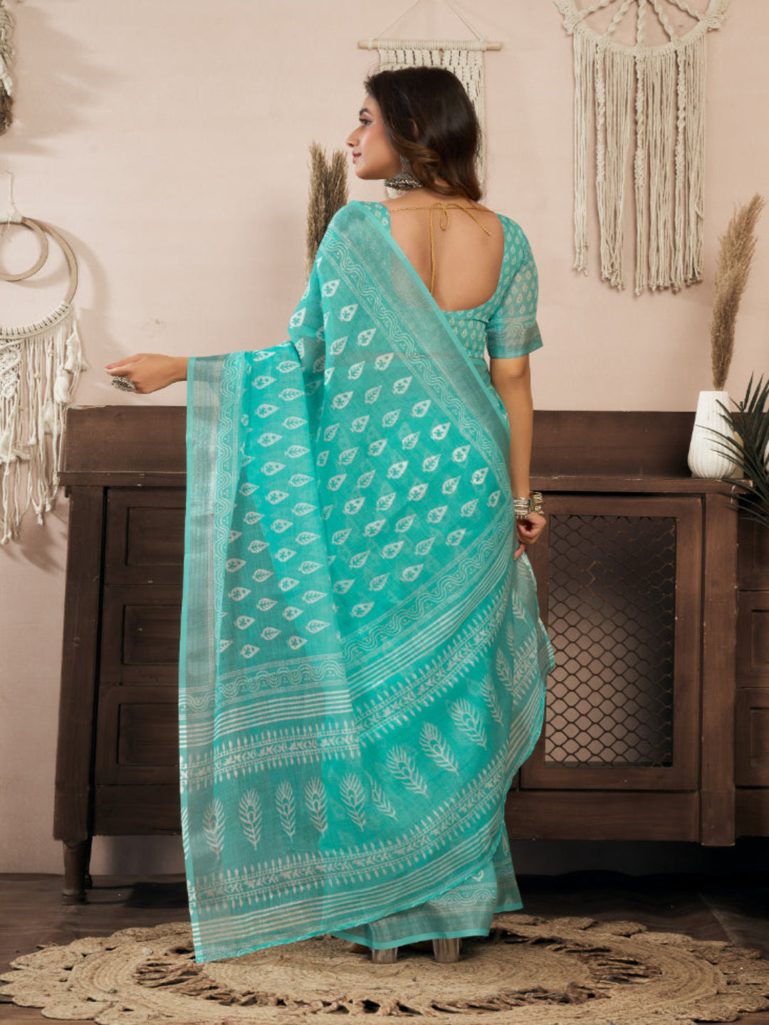 Sea Green Linen Printed ready to wear Saree
