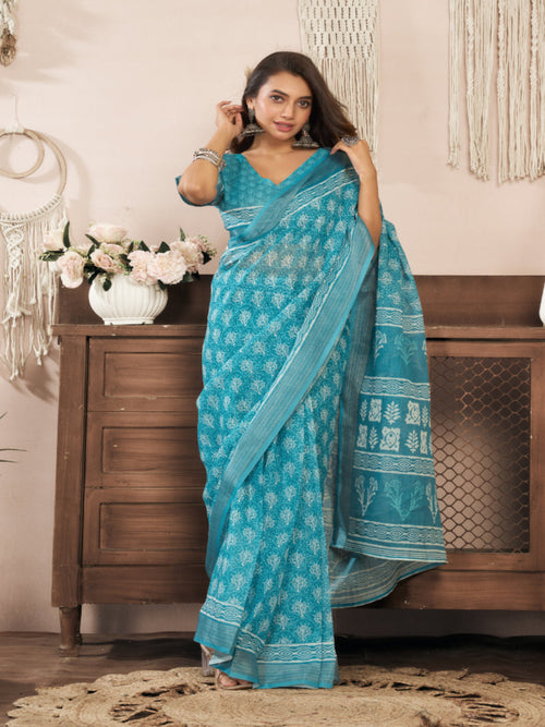 Aqua Linen Printed ready to wear Saree with Zari Border