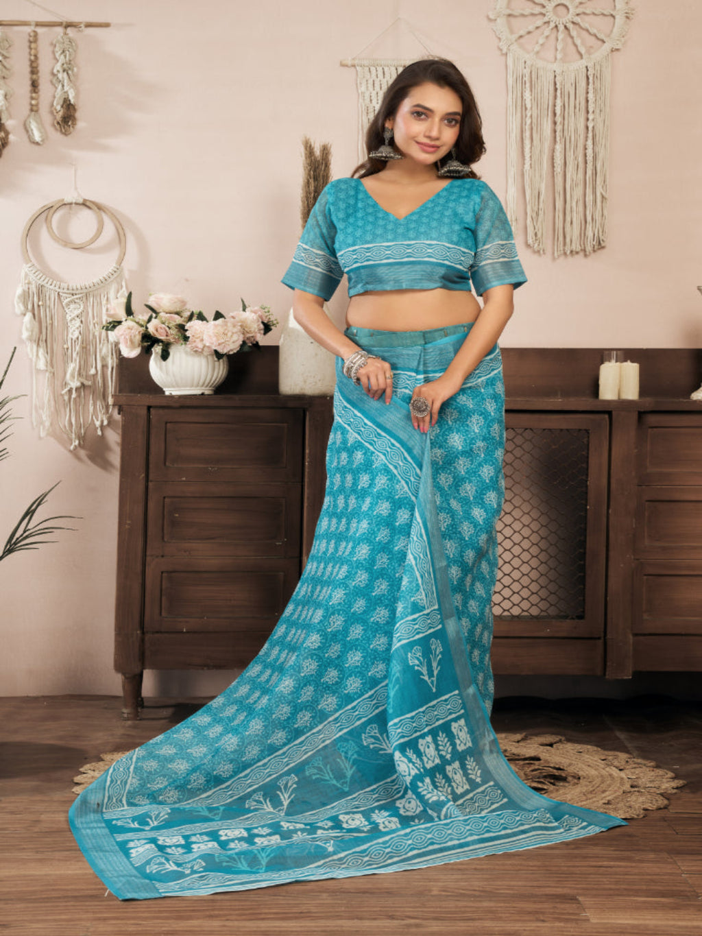 Aqua Linen Printed ready to wear Saree with Zari Border