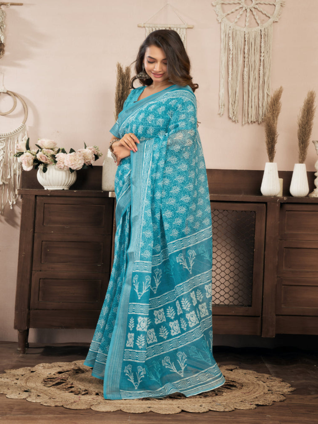 Aqua Linen Printed ready to wear Saree with Zari Border