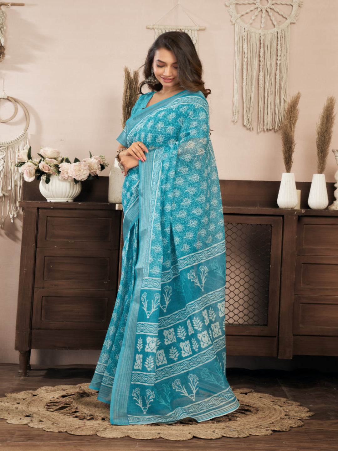 Aqua Linen Printed ready to wear Saree with Zari Border