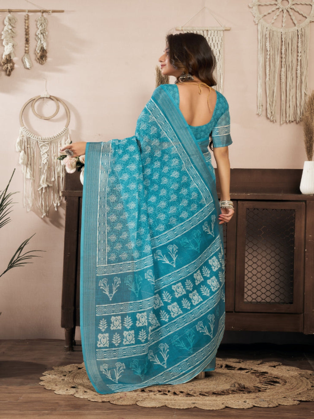 Aqua Linen Printed ready to wear Saree with Zari Border