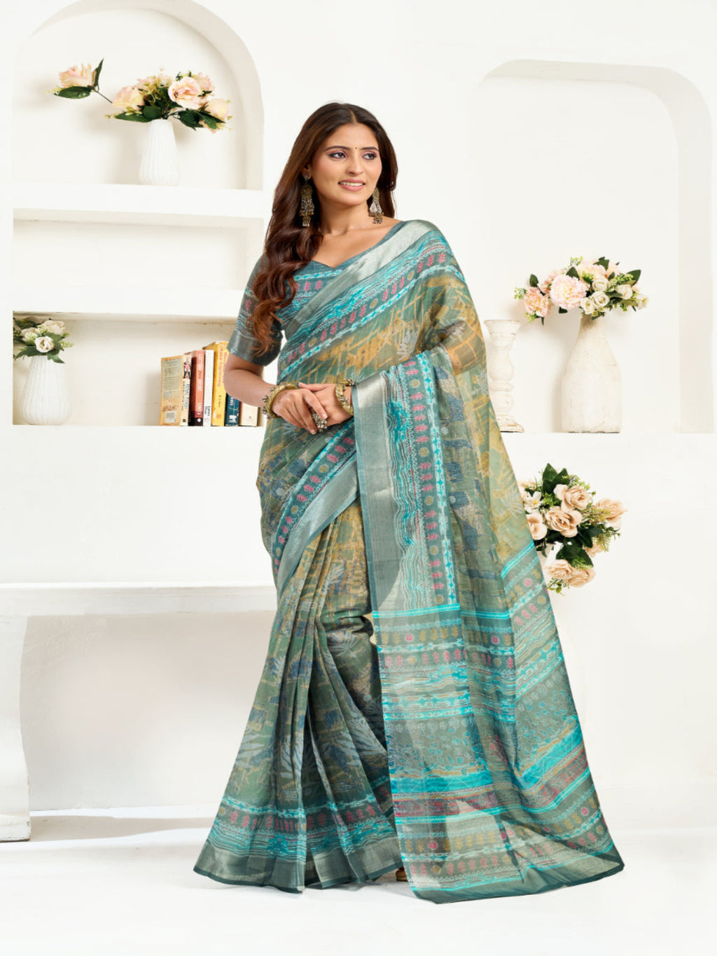 Green Linen Printed ready to wear Saree with Zari Border