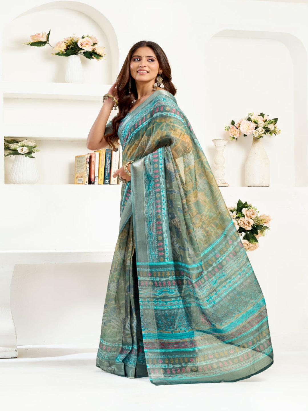 Green Linen Printed ready to wear Saree with Zari Border