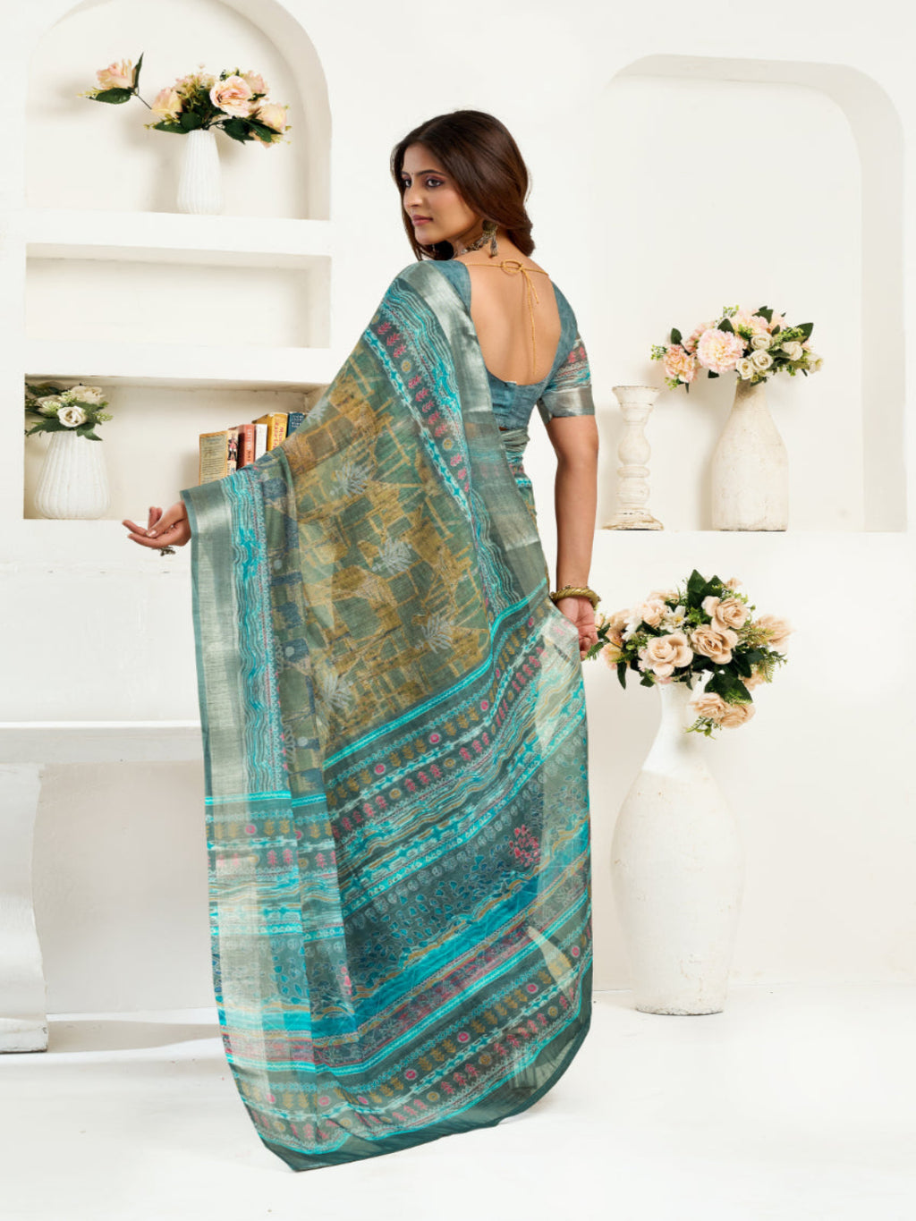 Green Linen Printed ready to wear Saree with Zari Border