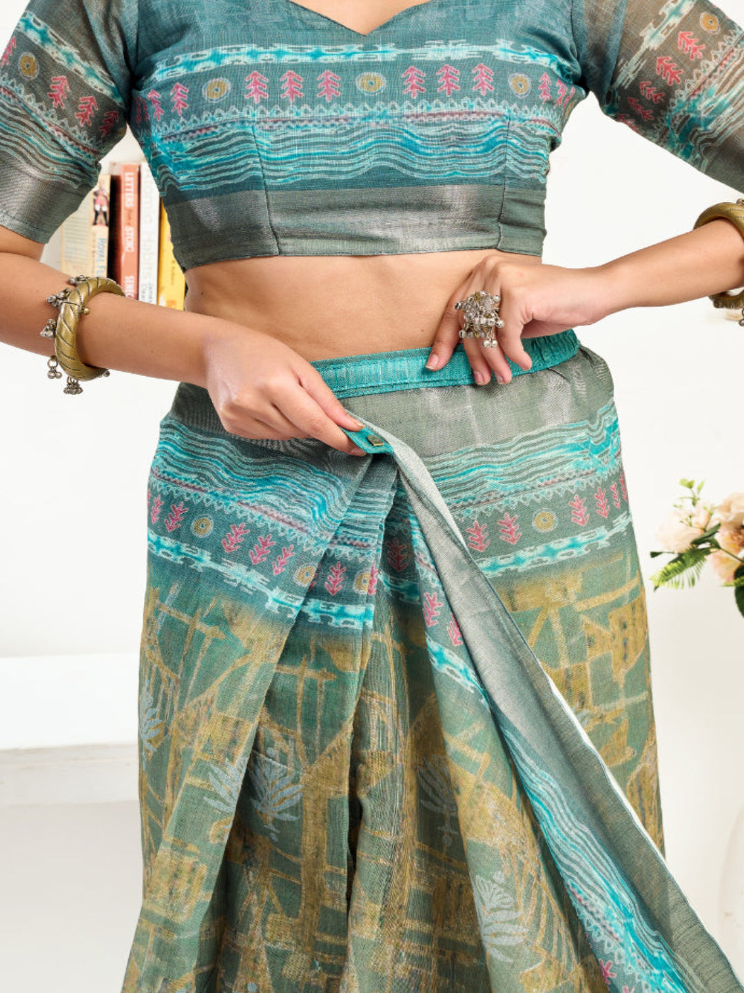 Green Linen Printed ready to wear Saree with Zari Border