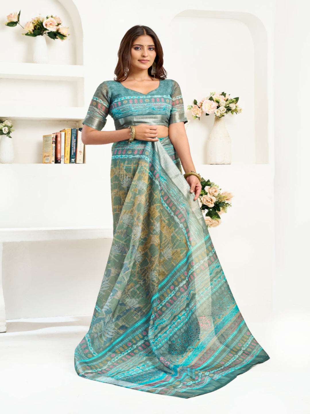 Green Linen Printed ready to wear Saree with Zari Border
