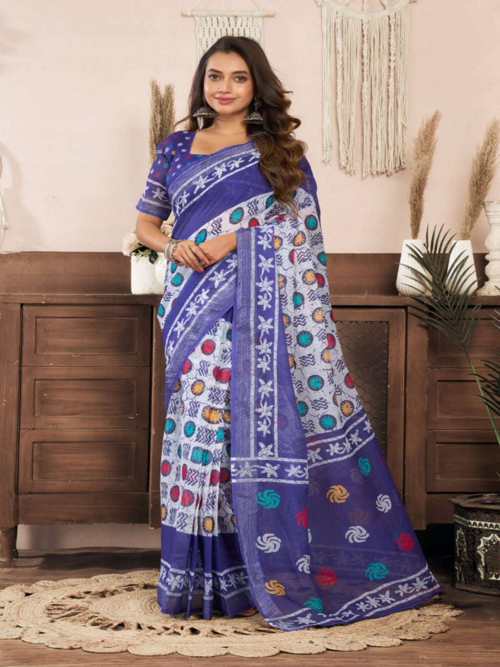 Lightweight Ready-to-Wear Linen Saree in Blue-White
